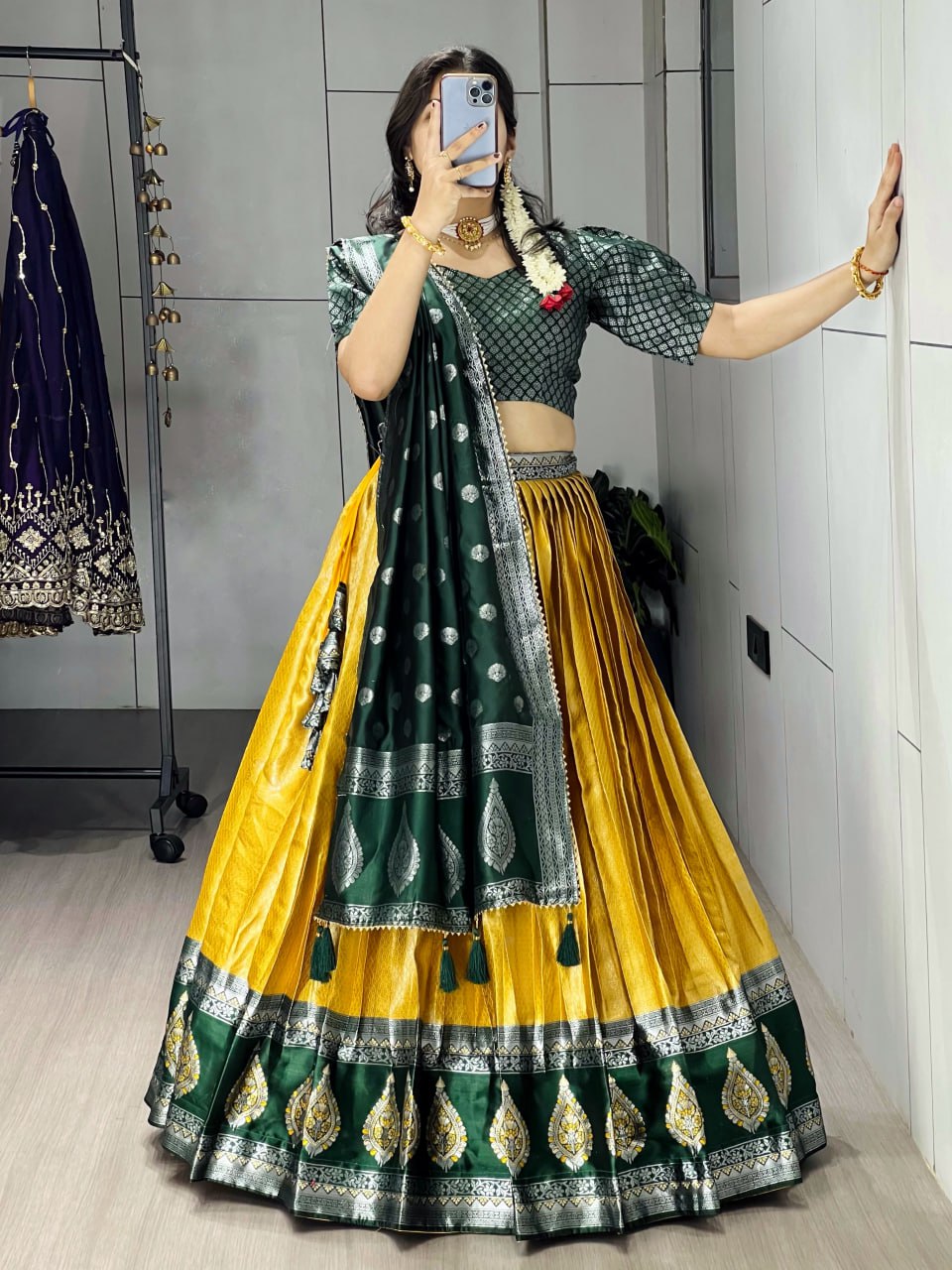 Kanchipuram Silk Zari Weaving With Contrast Border and Silver Golden Zari Detailings Lehenga