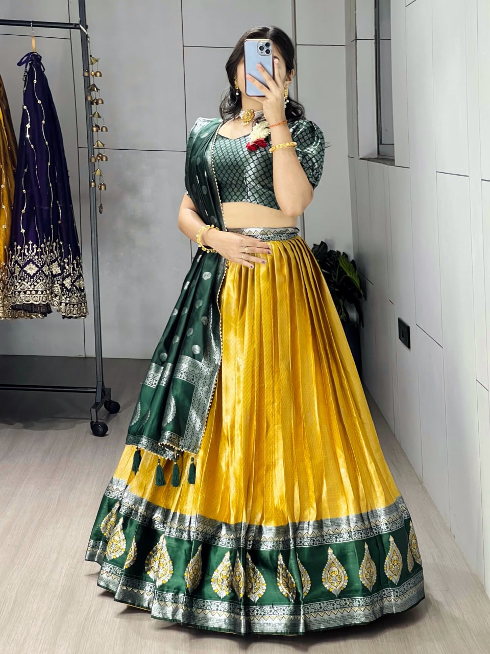 Kanchipuram Silk Zari Weaving With Contrast Border and Silver Golden Zari Detailings Lehenga