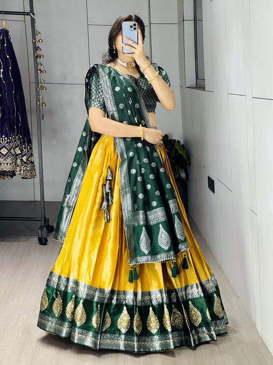 Kanchipuram Silk Zari Weaving With Contrast Border and Silver Golden Zari Detailings Lehenga