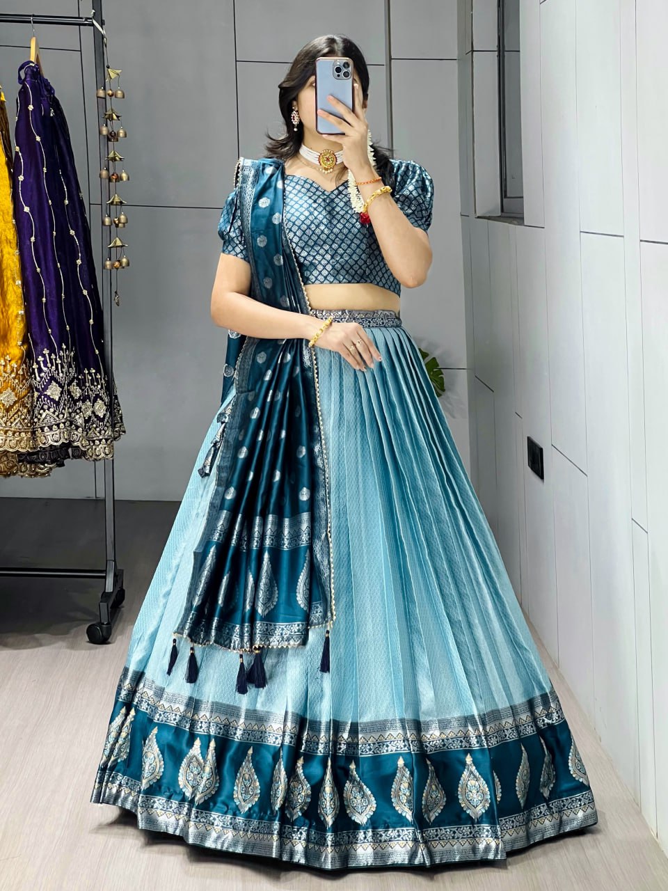 Kanchipuram Silk Zari Weaving With Contrast Border and Silver Golden Zari Detailings Lehenga