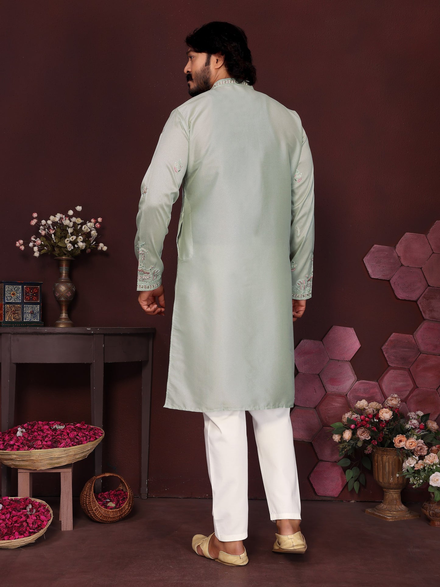 Premium Smart Silk With Embroidery sequence work Men's Kurta