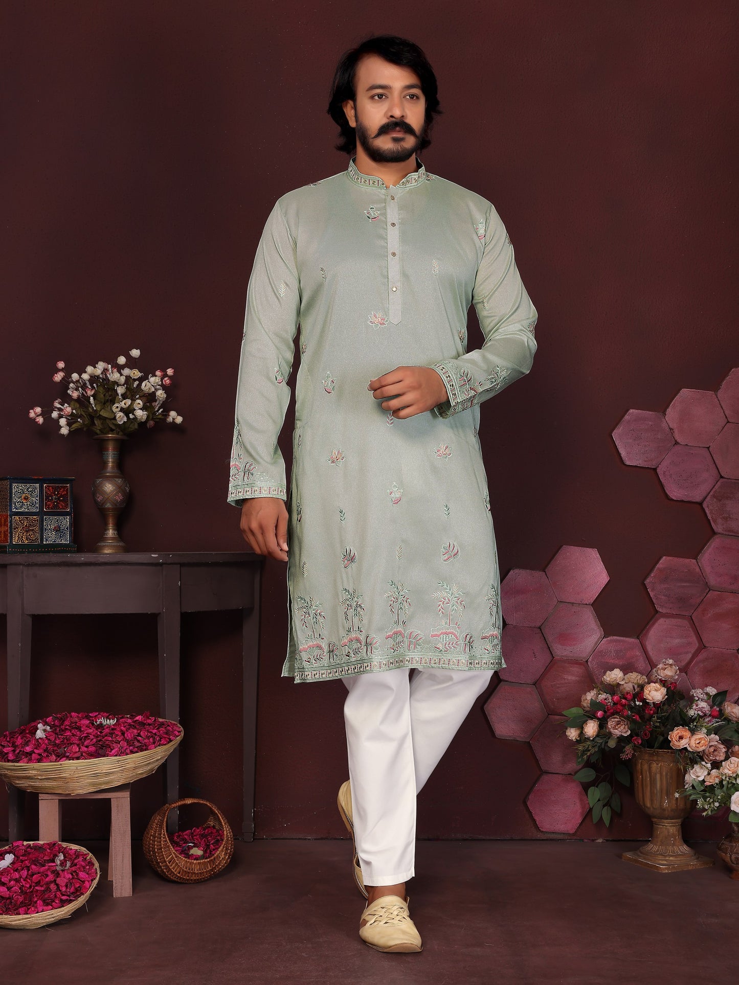 Premium Smart Silk With Embroidery sequence work Men's Kurta