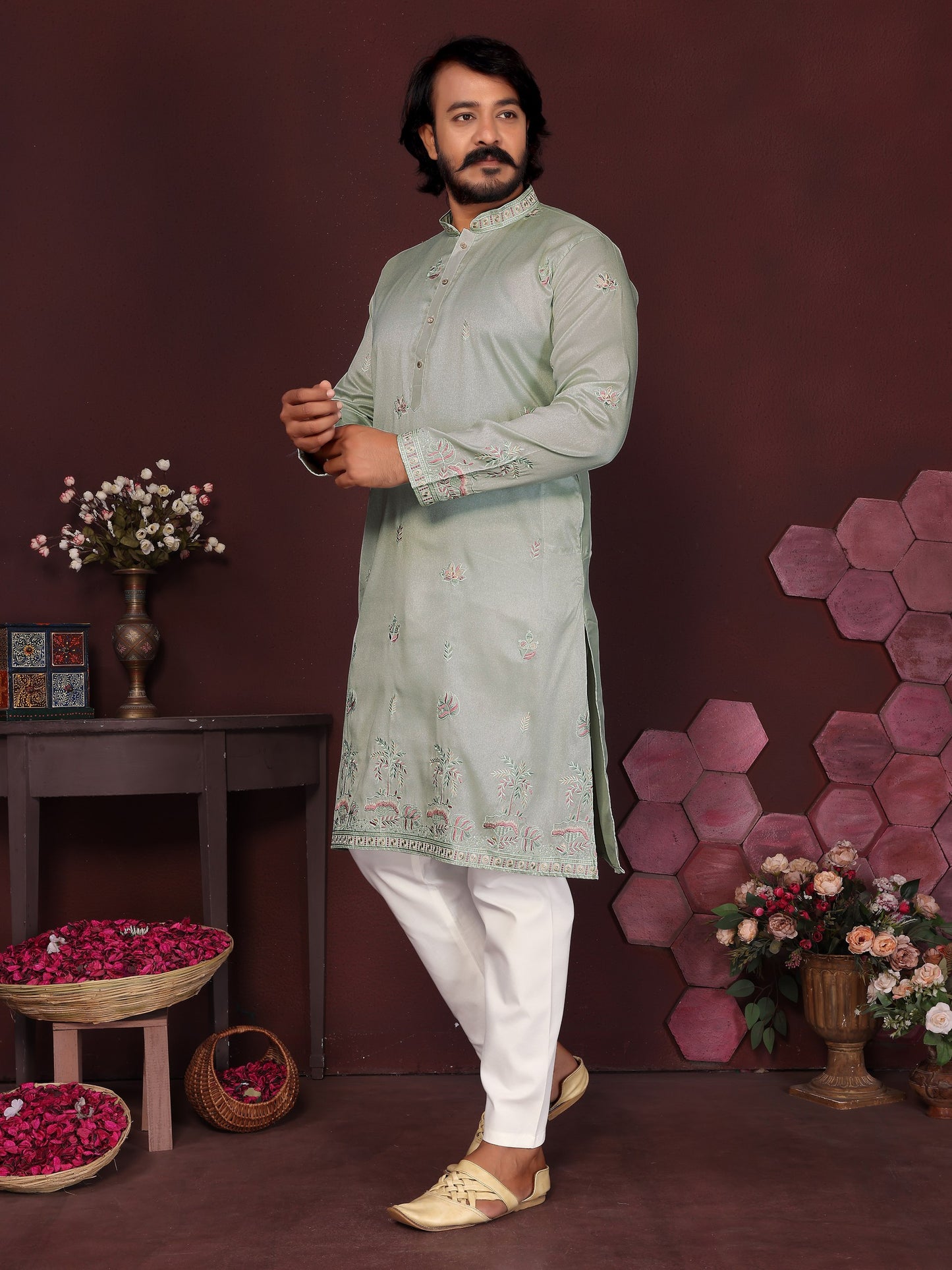Premium Smart Silk With Embroidery sequence work Men's Kurta