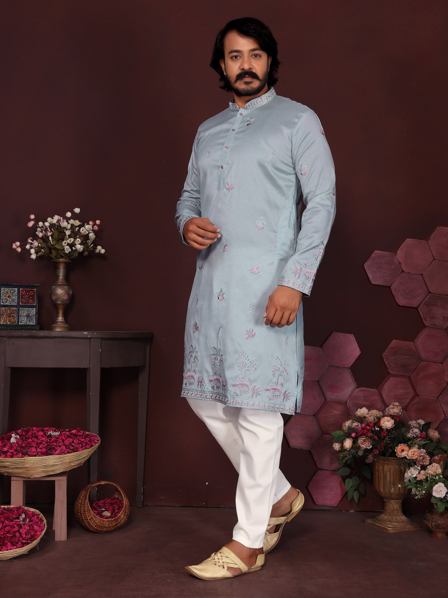 Premium Smart Silk With Embroidery sequence work Men's Kurta