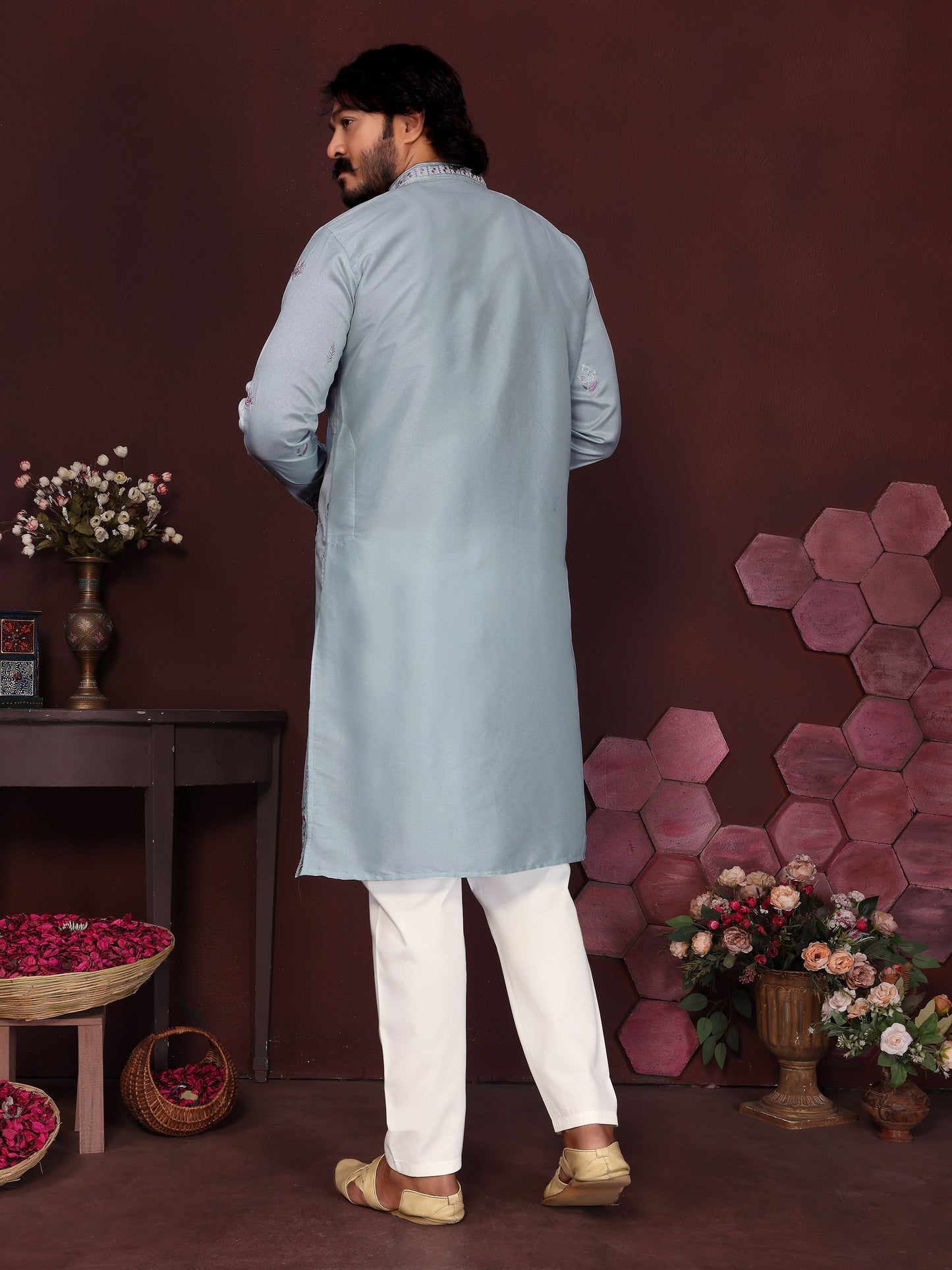 Premium Smart Silk With Embroidery sequence work Men's Kurta