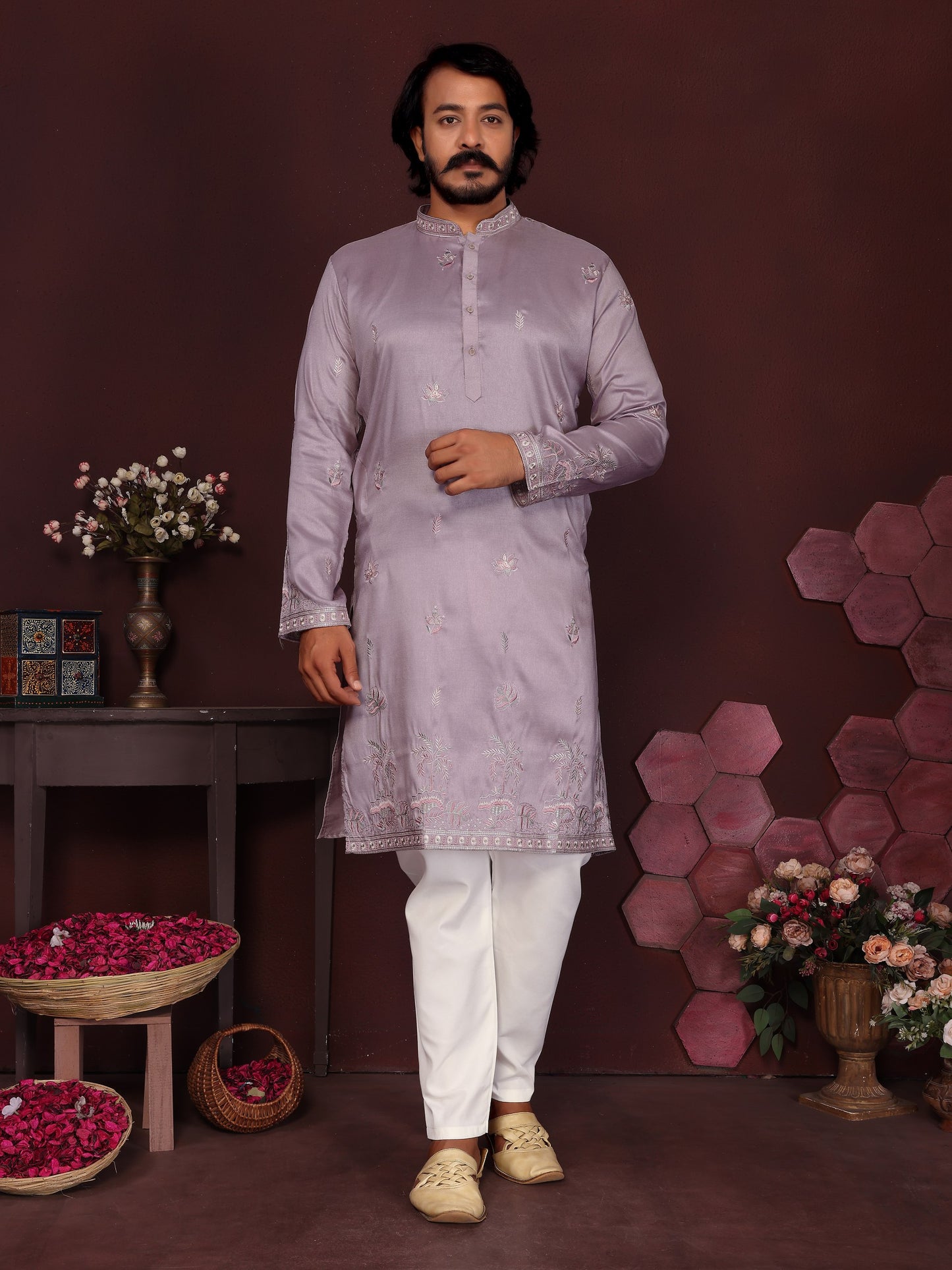 Premium Smart Silk With Embroidery sequence work Men's Kurta