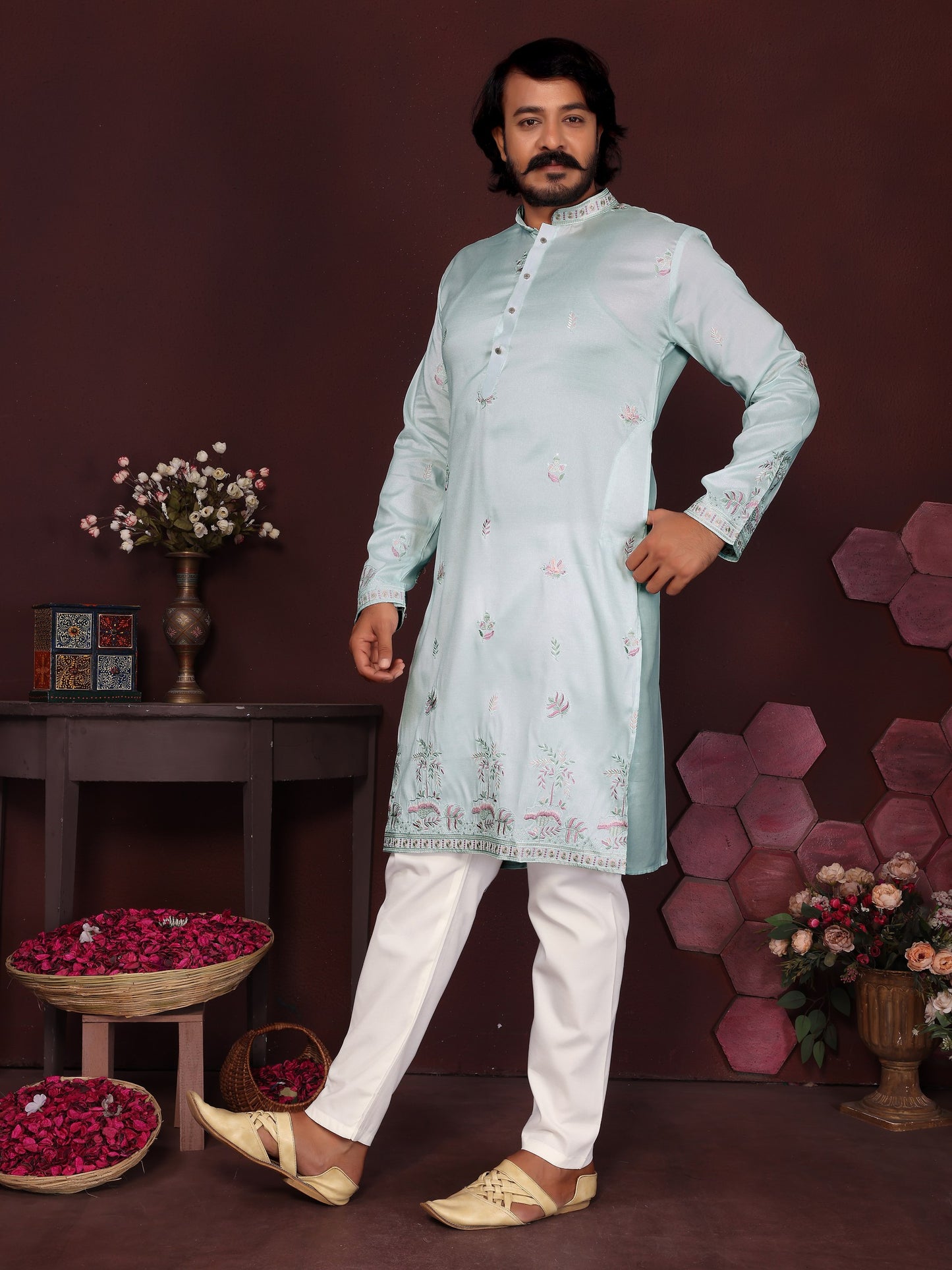 Premium Smart Silk With Embroidery sequence work Men's Kurta