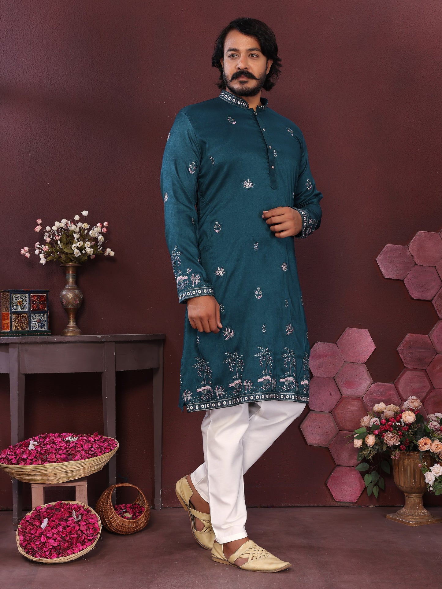 Premium Smart Silk With Embroidery sequence work Men's Kurta