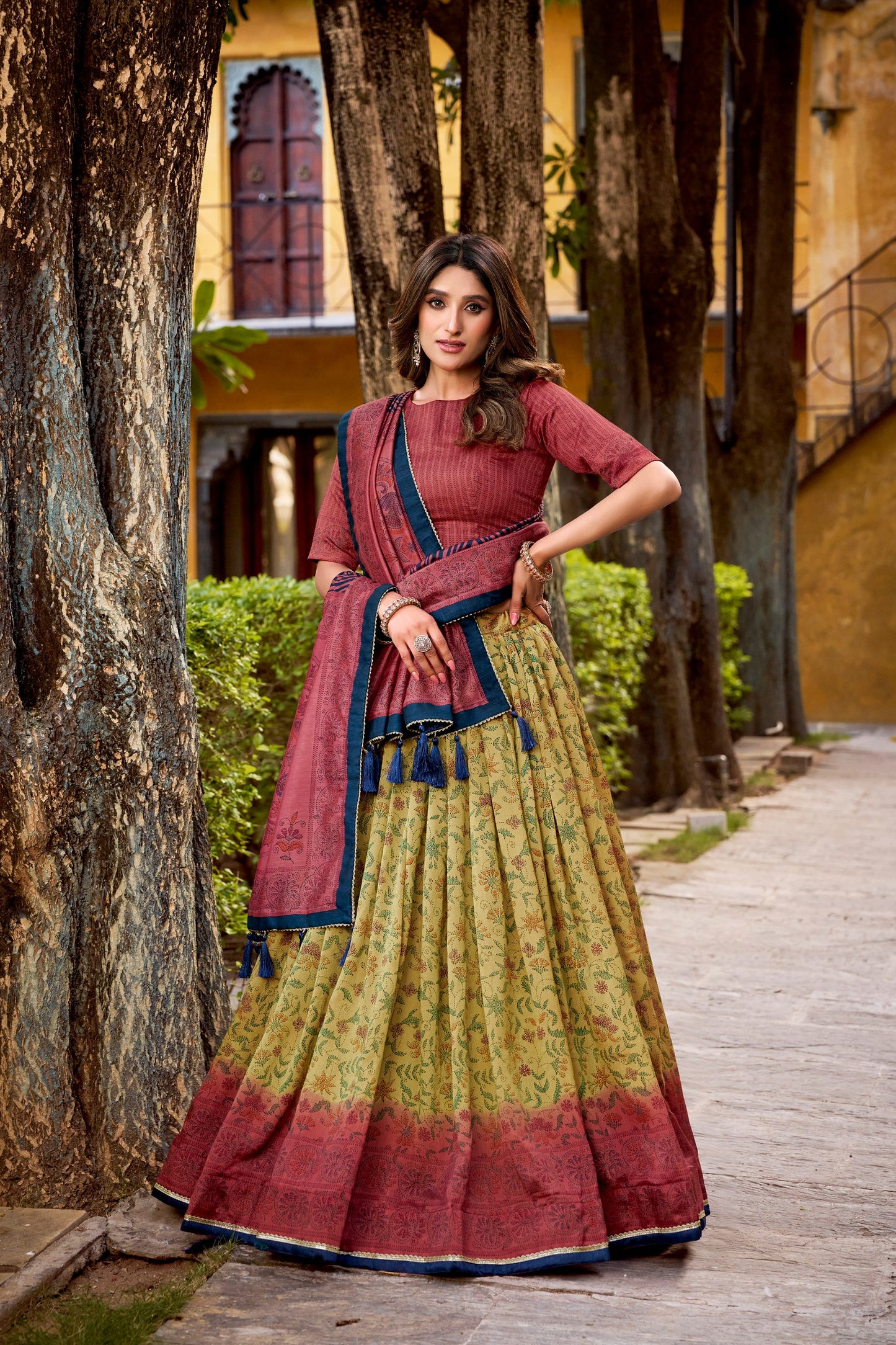 Vichitra silk lehenga with delicate prints brings heritage vibes