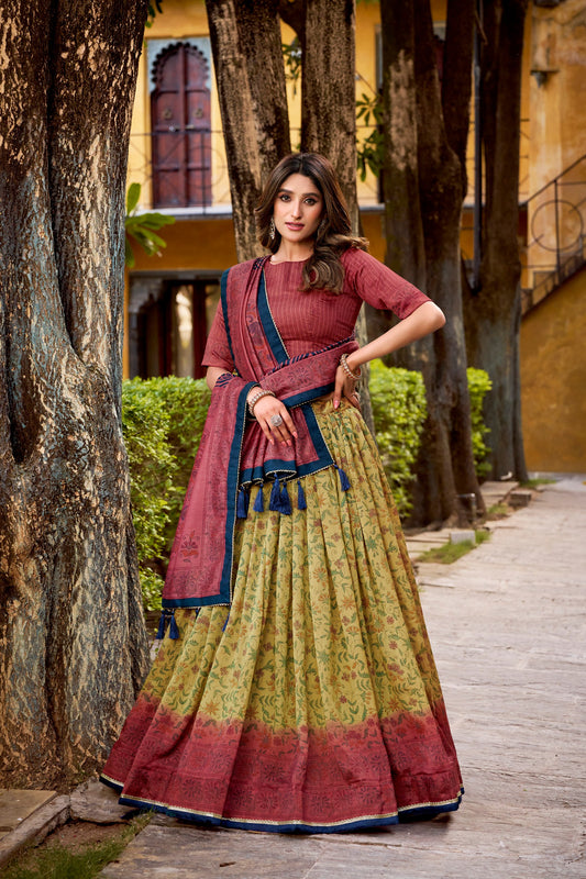 Vichitra silk lehenga with delicate prints brings heritage vibes