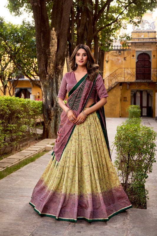 Vichitra silk lehenga with delicate prints brings heritage vibes