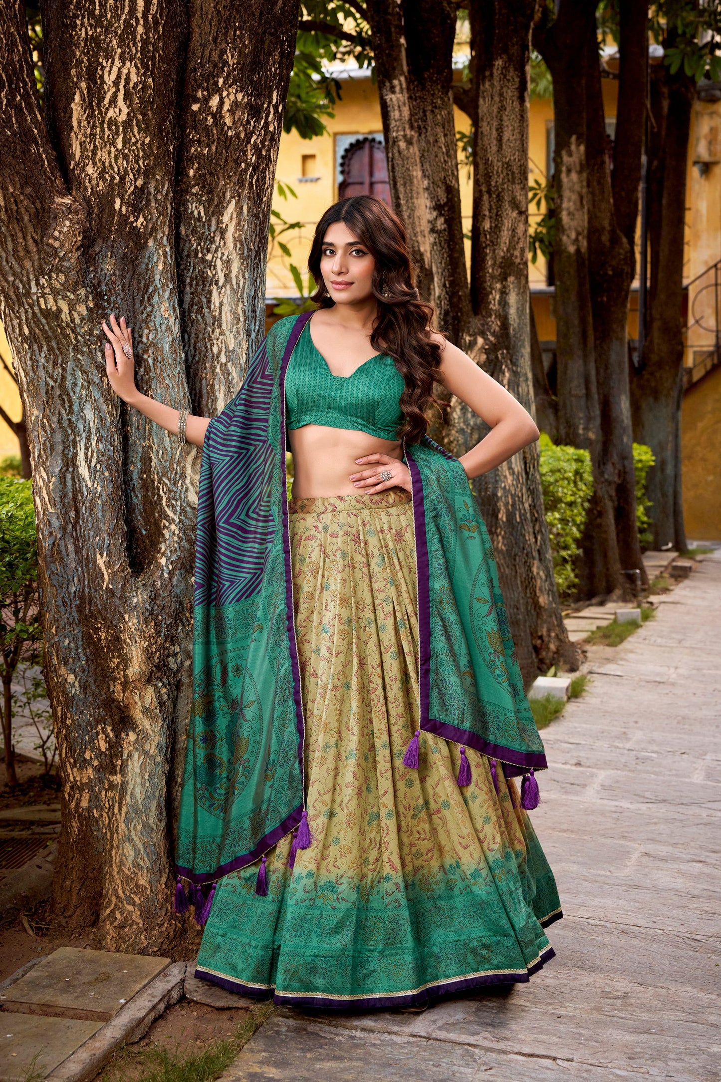 Vichitra silk lehenga with delicate prints brings heritage vibes