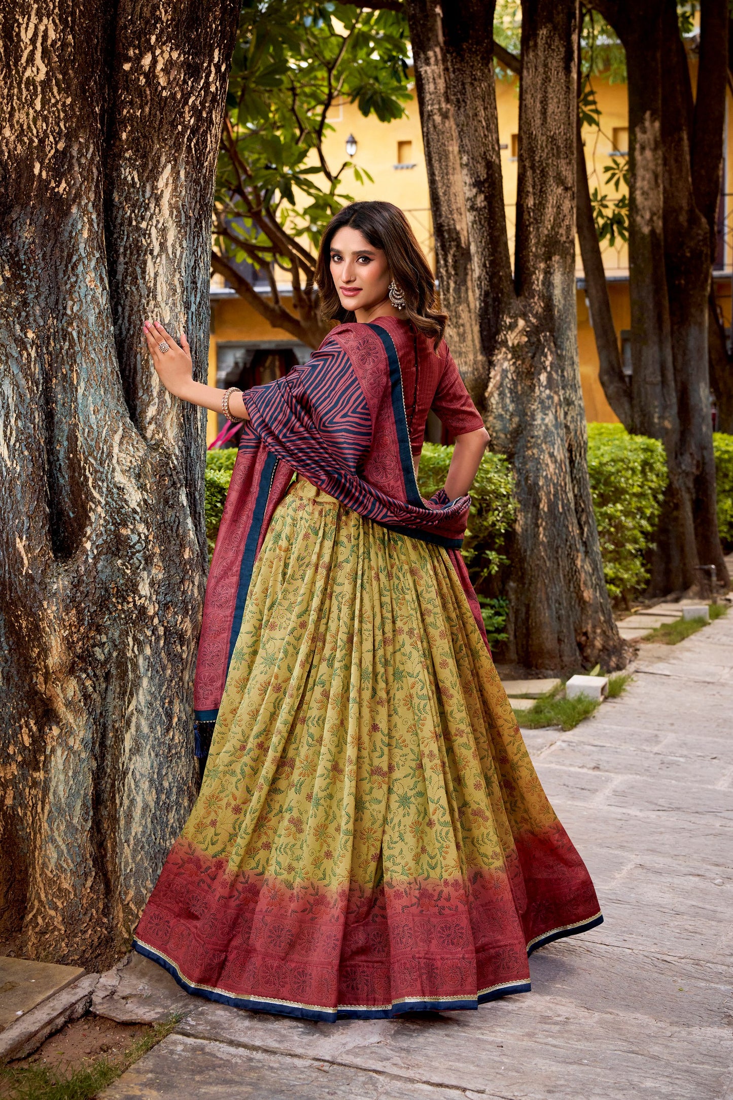 Vichitra silk lehenga with delicate prints brings heritage vibes