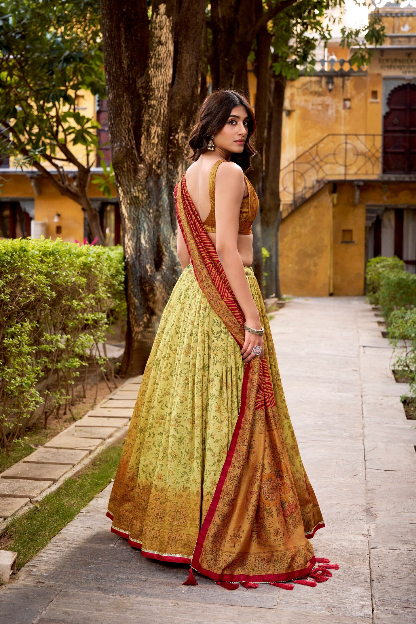 Vichitra silk lehenga with delicate prints brings heritage vibes