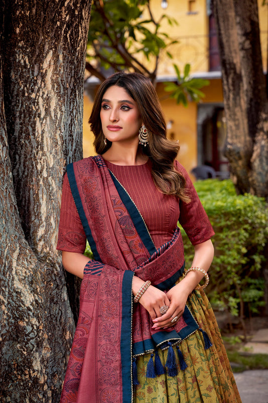 Vichitra silk lehenga with delicate prints brings heritage vibes