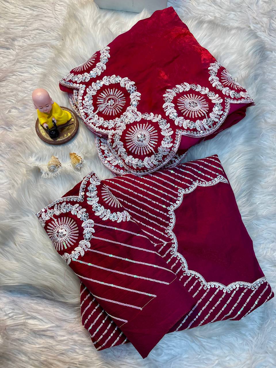 Premium fandy Satin fabrics with Dori thread and sequins Saree