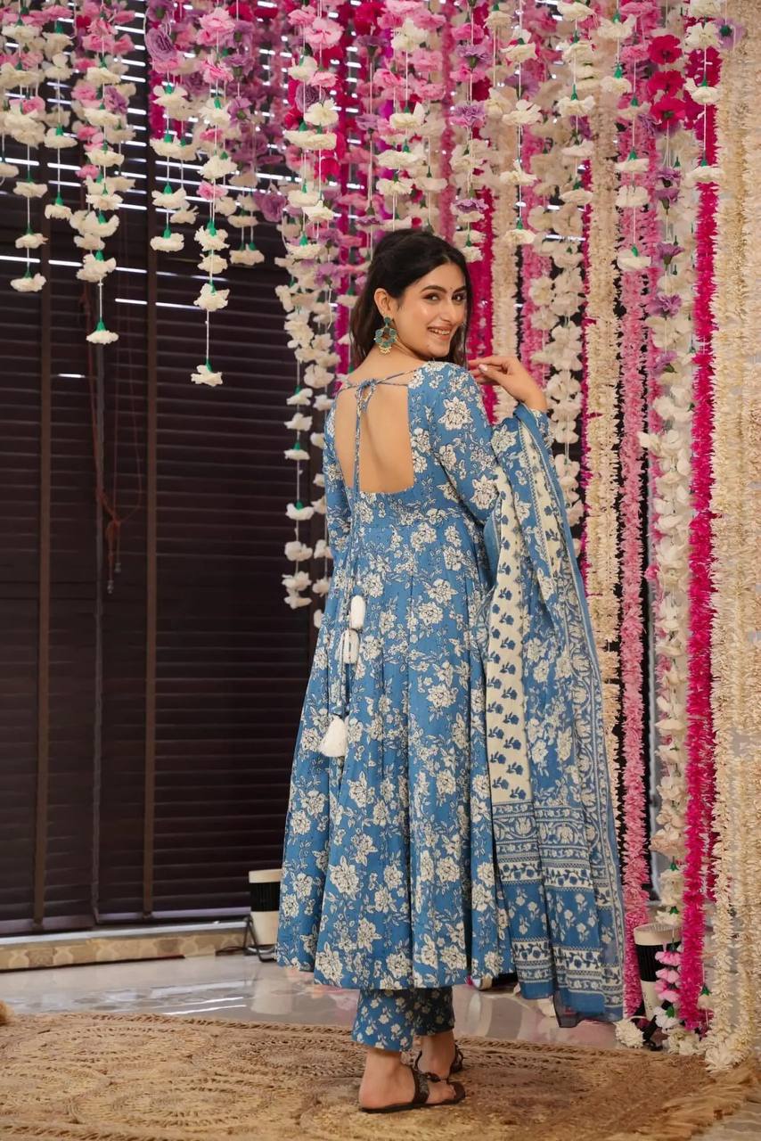 Introducing Our Elegant Blue Cotton Floral Suit Set