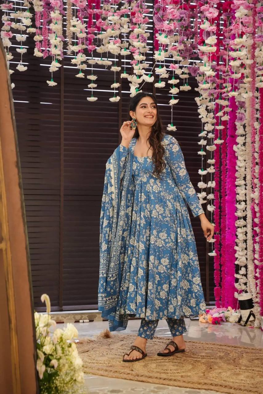 Introducing Our Elegant Blue Cotton Floral Suit Set