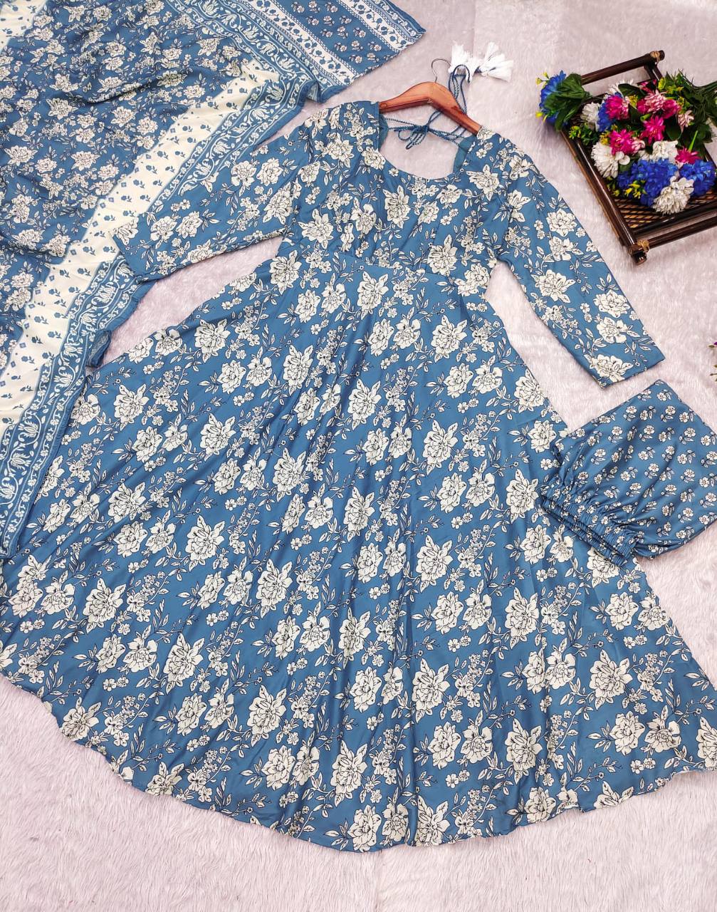 Introducing Our Elegant Blue Cotton Floral Suit Set