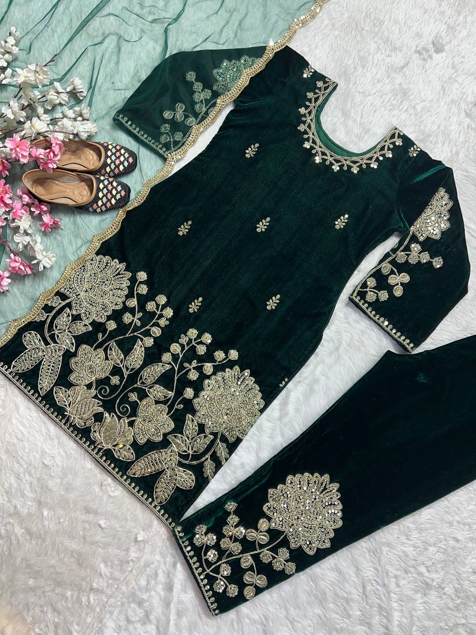 Pure Heavy Viscose Velvet With Heavy Embroidery Coding Sequence Work Suit