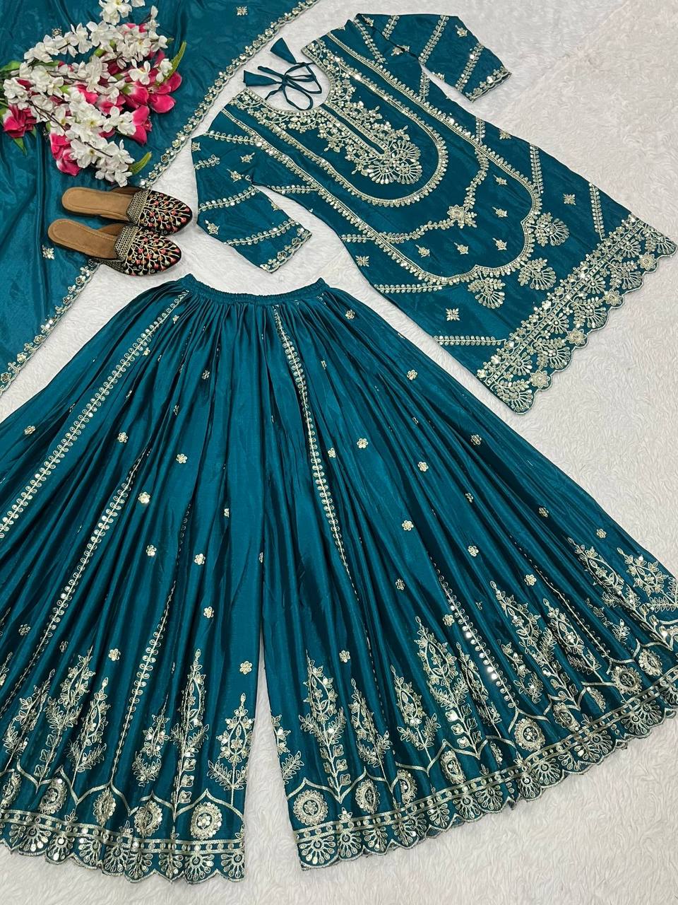 Pure Heavy Chinnon Silk With Heavy Embroidery Coding Sequence Work