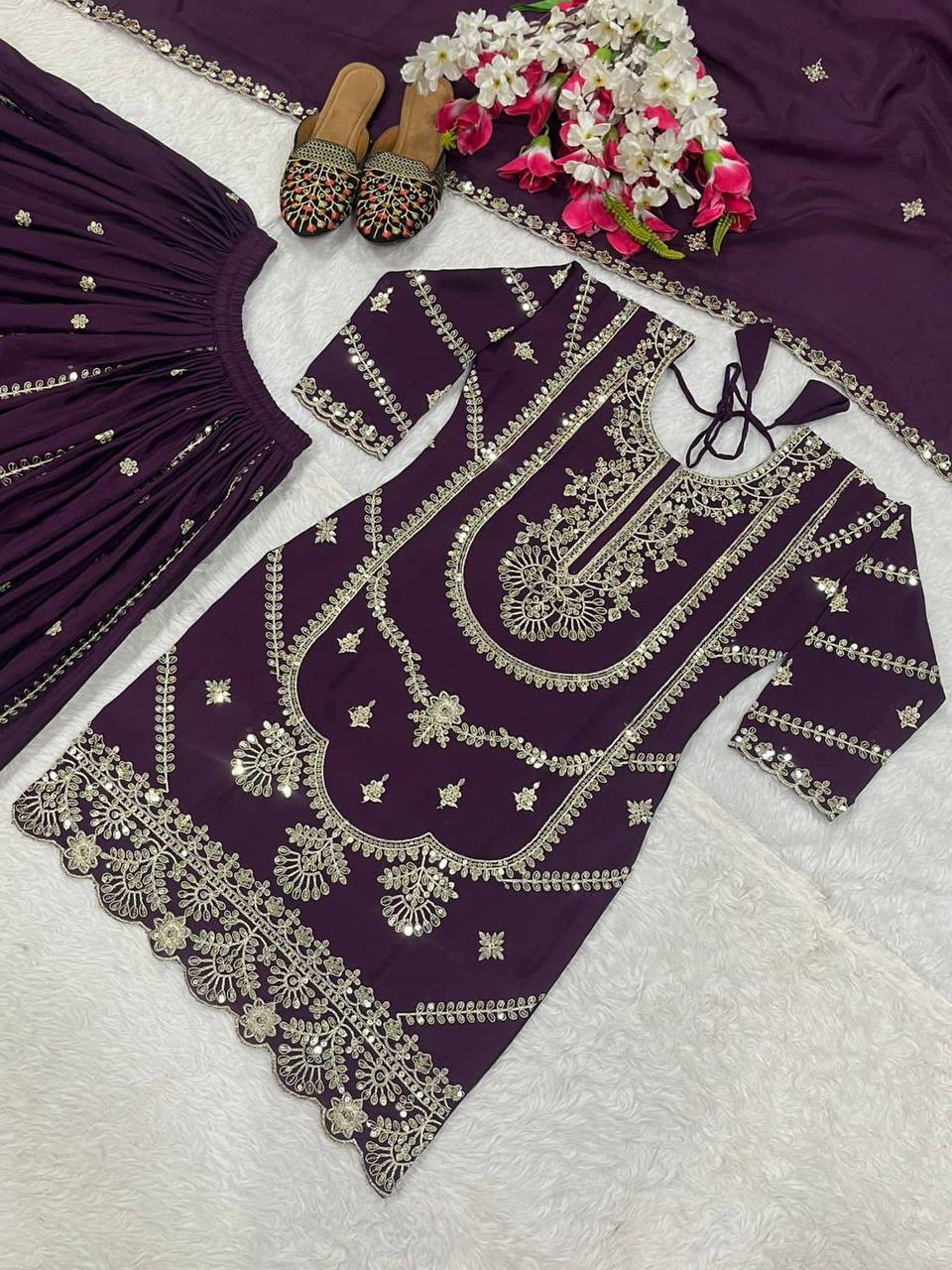 Pure Heavy Chinnon Silk With Heavy Embroidery Coding Sequence Work