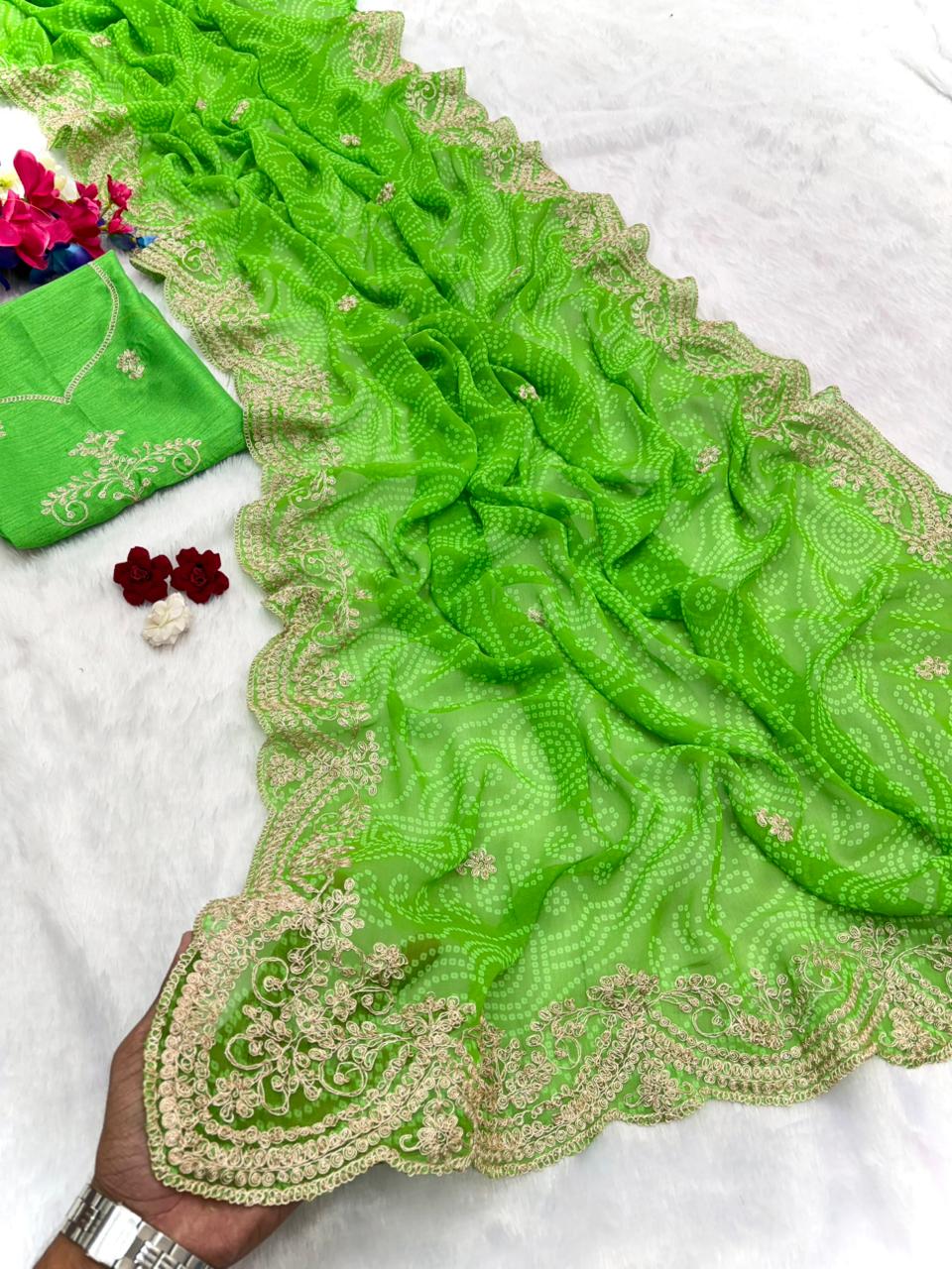 beautiful soft Georgette Bandhej print saree