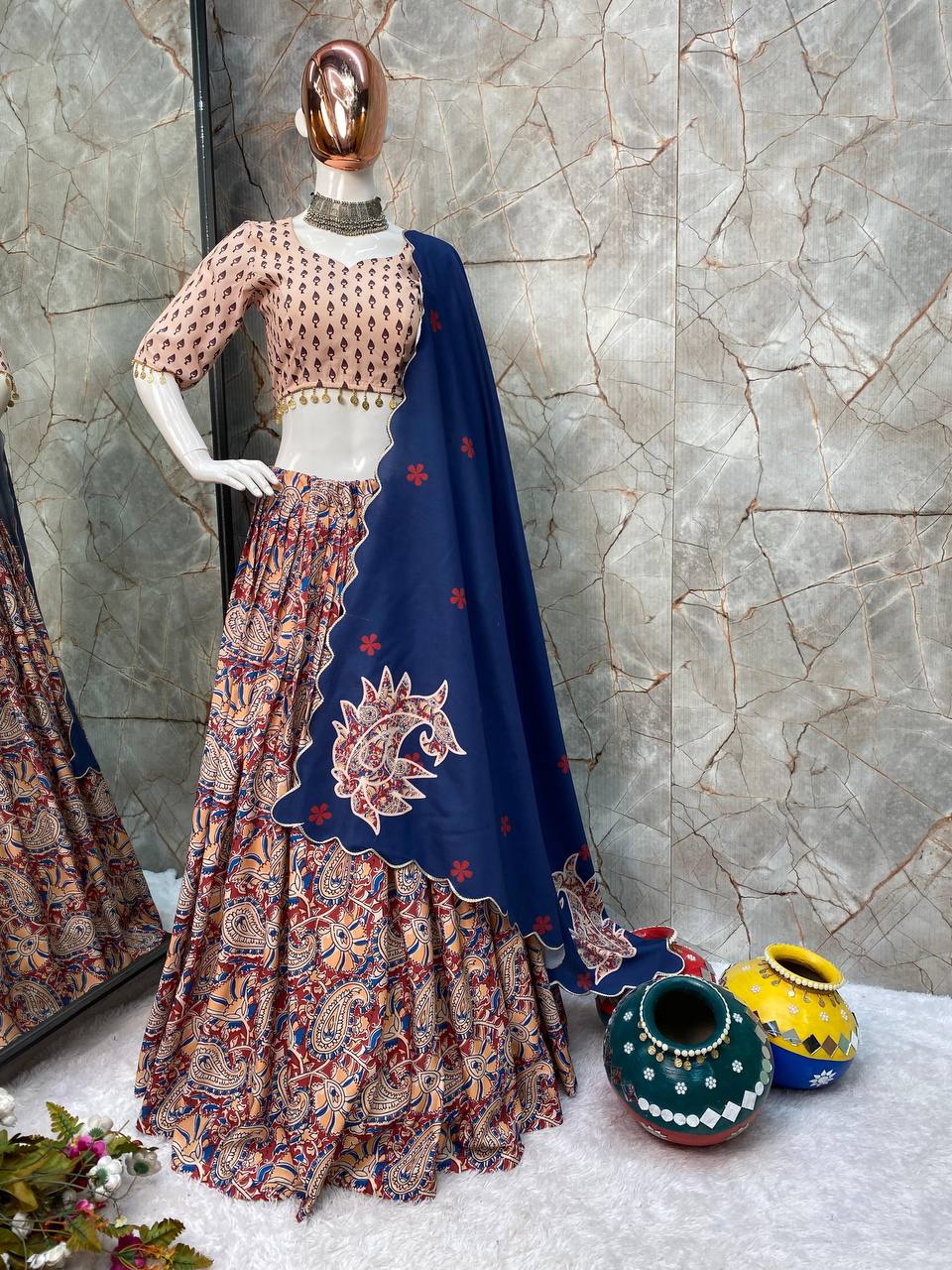 2024 NAVRATRI WEAR BEUTIQUE STYLES REYON DESIGNER PRINTED AND REAL MIRROR WORK LEHENGA CHOLI