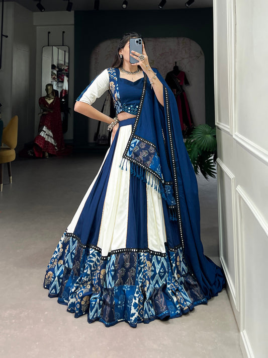 Plain And Printed With Paper Mirror Work Lace Lehenga