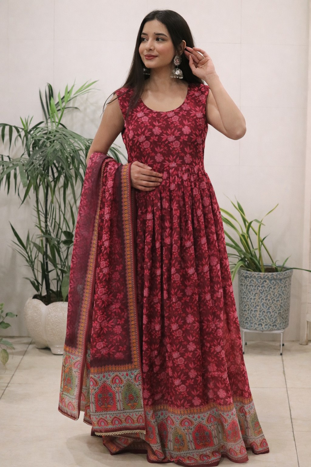 Digital printed Pure organza silk suit with huge flair