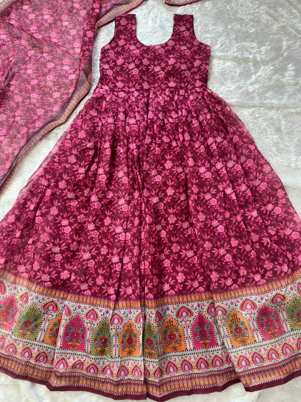 Digital printed Pure organza silk suit with huge flair