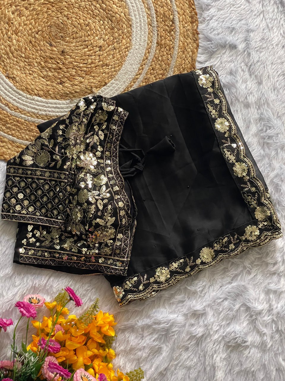 HEAVY SOFT BLACK RANGOLI SILK FABRIC SAREE