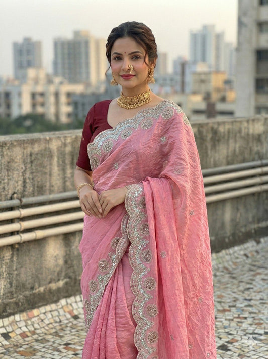 Premium Gold crush with c pallu embroidery work and multi Thread saree