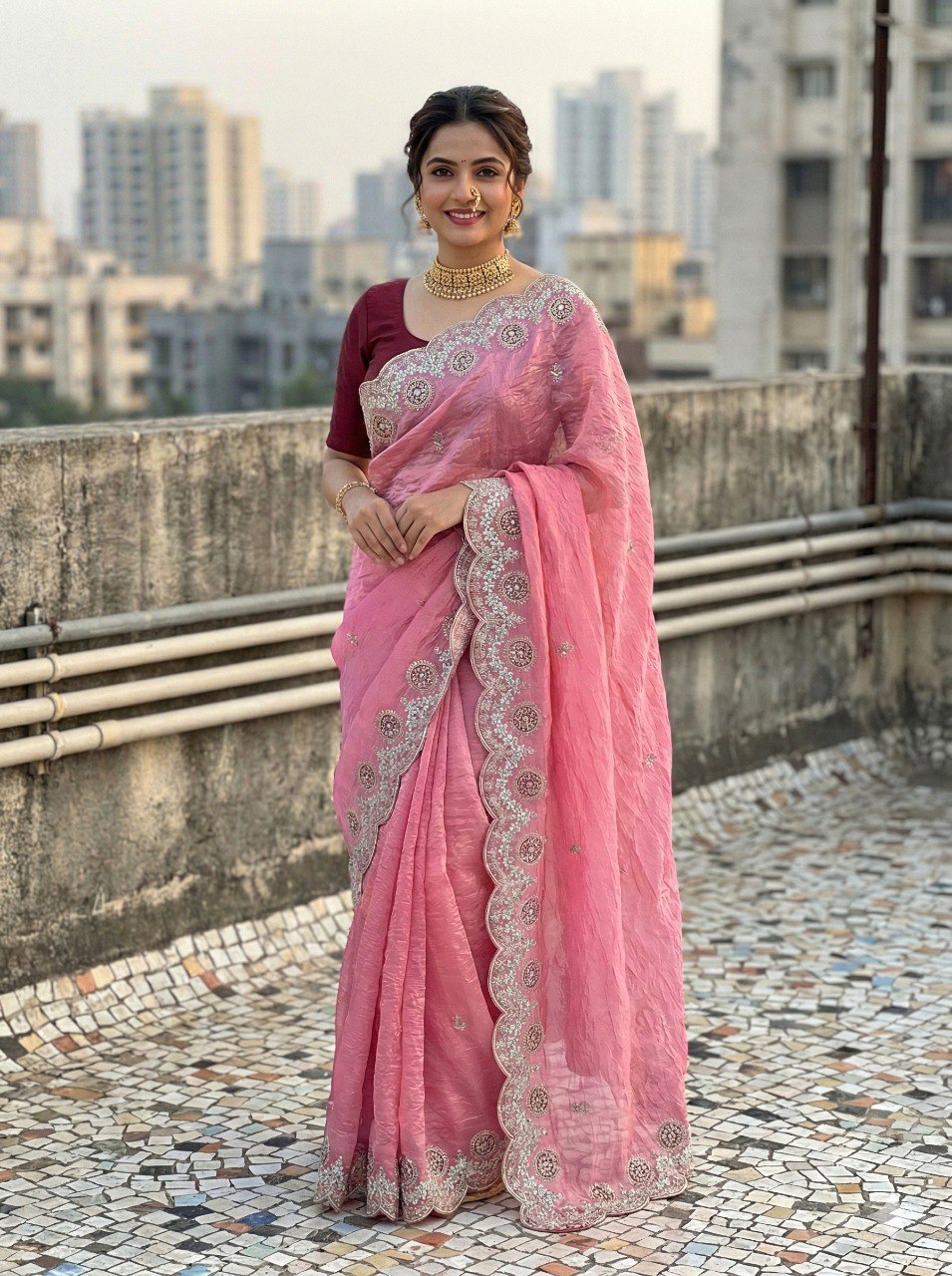 Premium Gold crush with c pallu embroidery work and multi Thread saree