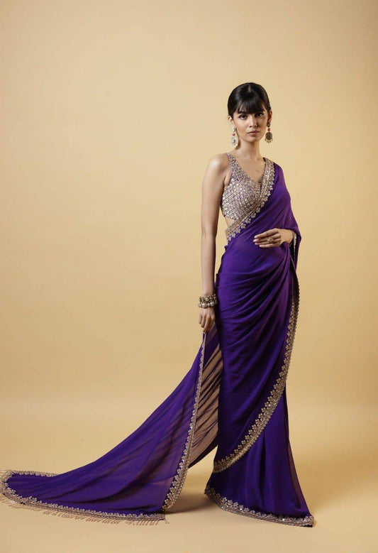 Faux Georgette fabric with Gold Thread embroidery sarees