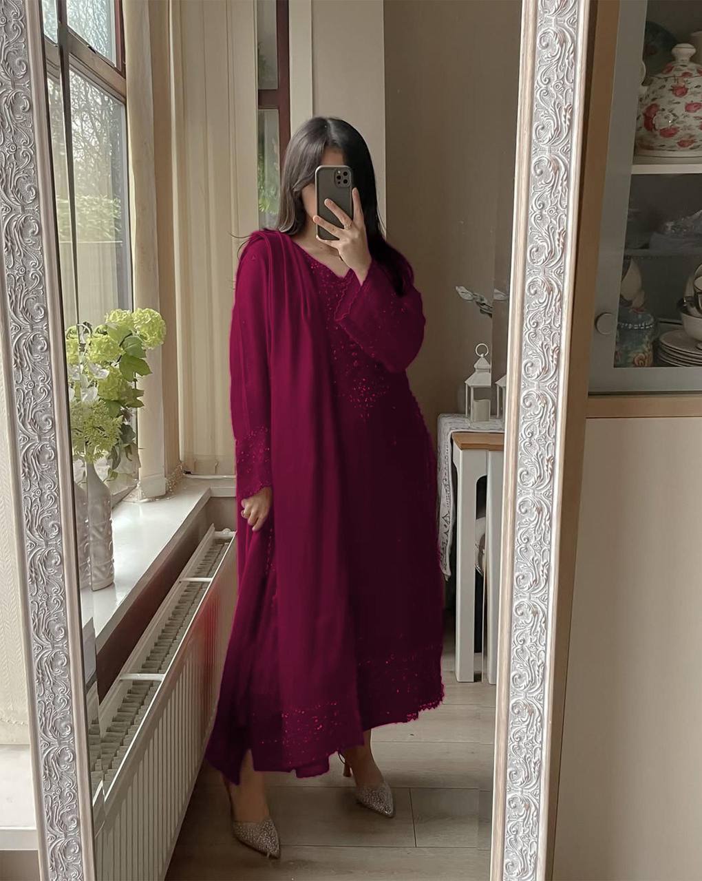 EXCLUSIVE 3 PIECE PLAZZO PAIR WITH DUPATTA IN SEQUENCE EMBROIDERY WORK SUIT