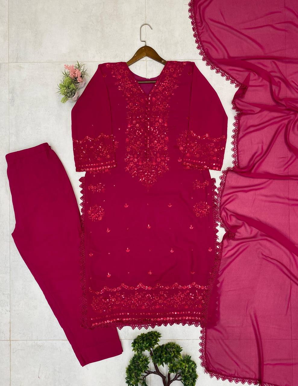 EXCLUSIVE 3 PIECE PLAZZO PAIR WITH DUPATTA IN SEQUENCE EMBROIDERY WORK SUIT