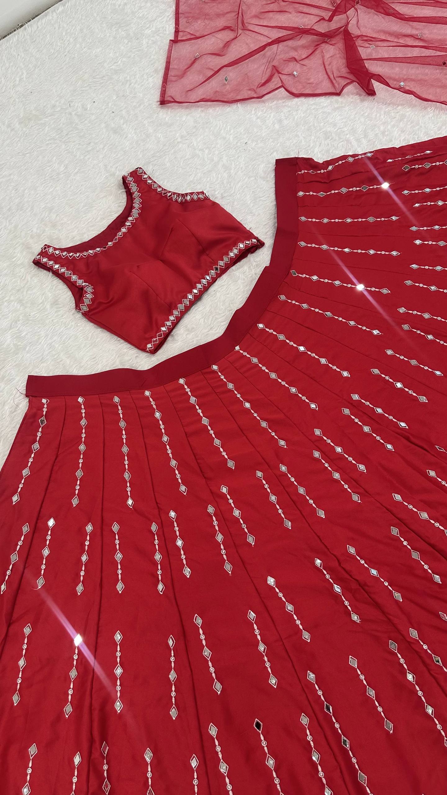 Malai satin silk lehenga with thread & real mirror work