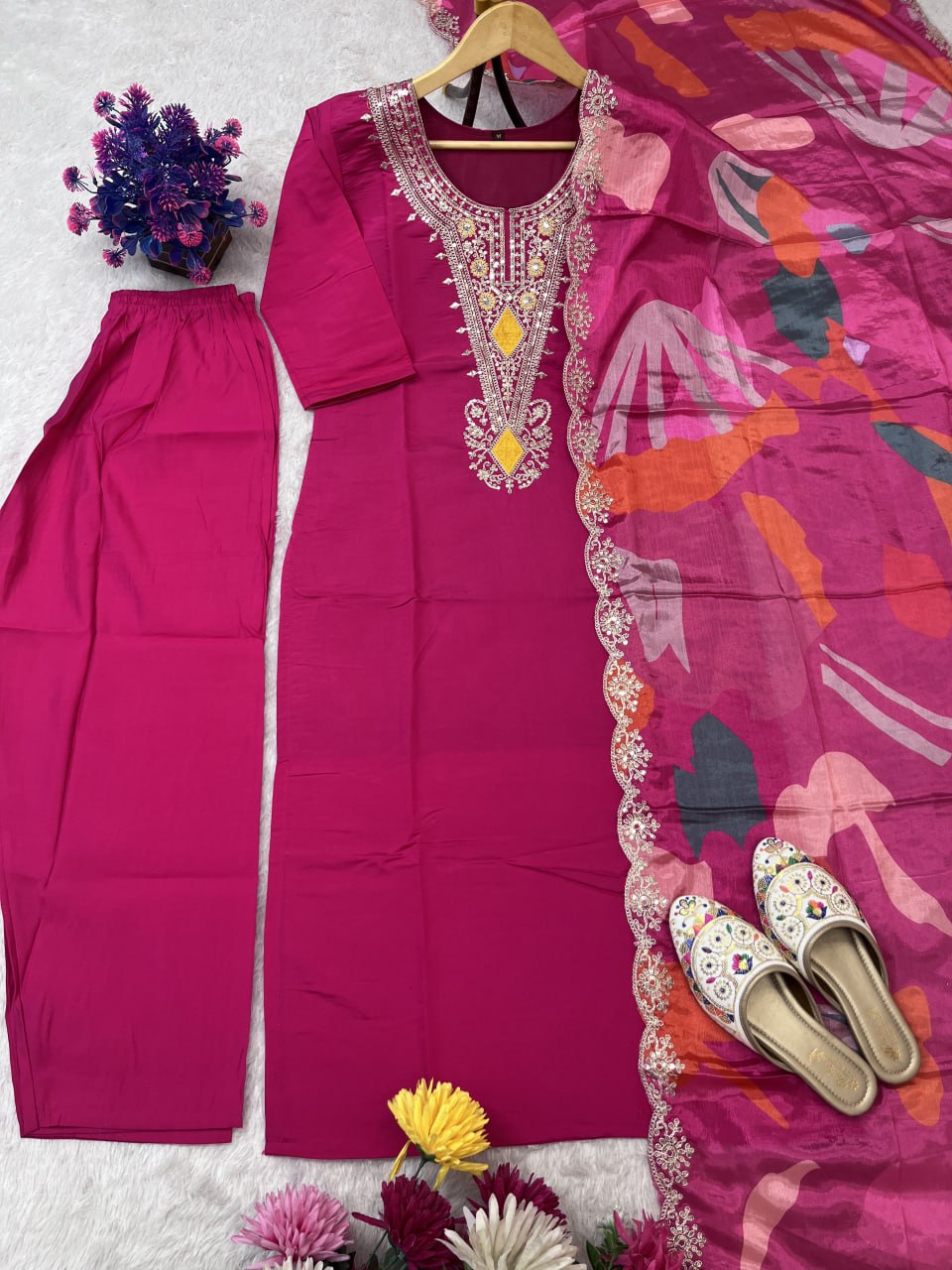 NEW LUNCH DESIGNER EMBROIDERY SEQUENCE WORK TOP PANT AND DUPATTA SET