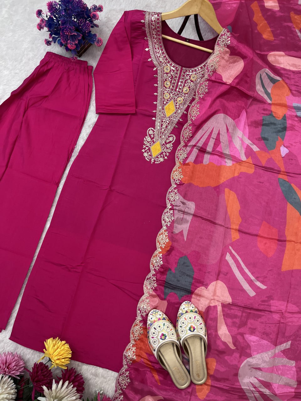 NEW LUNCH DESIGNER EMBROIDERY SEQUENCE WORK TOP PANT AND DUPATTA SET