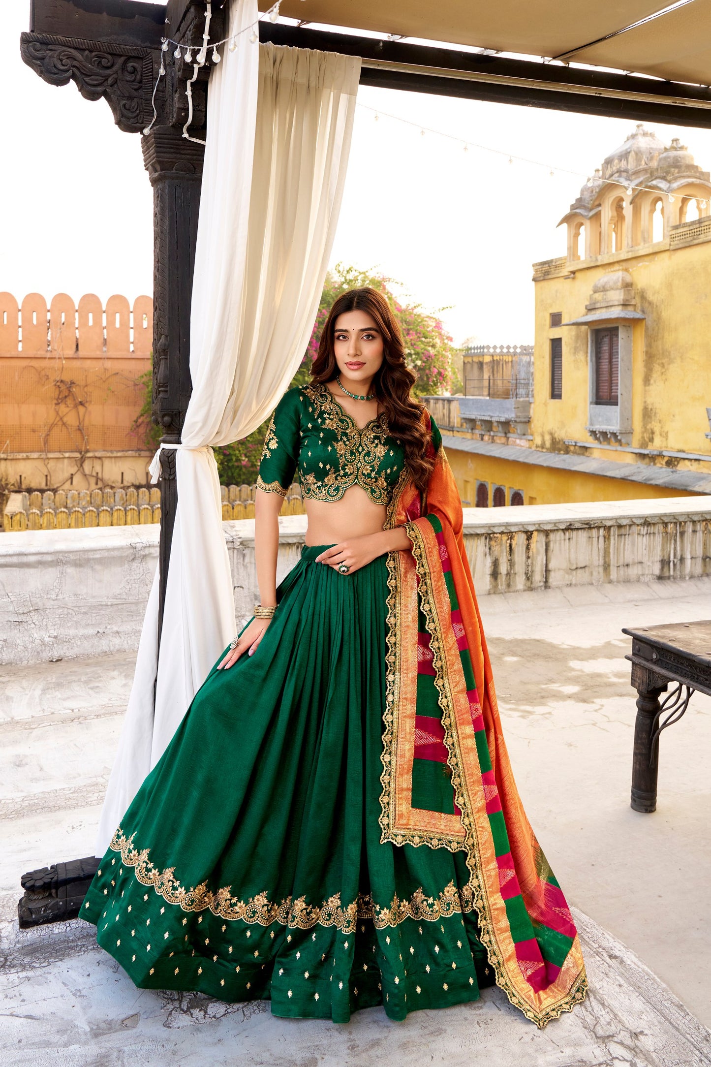 Vichitra Silk Sequins and Thread Embroidery Work Lehenga Choli