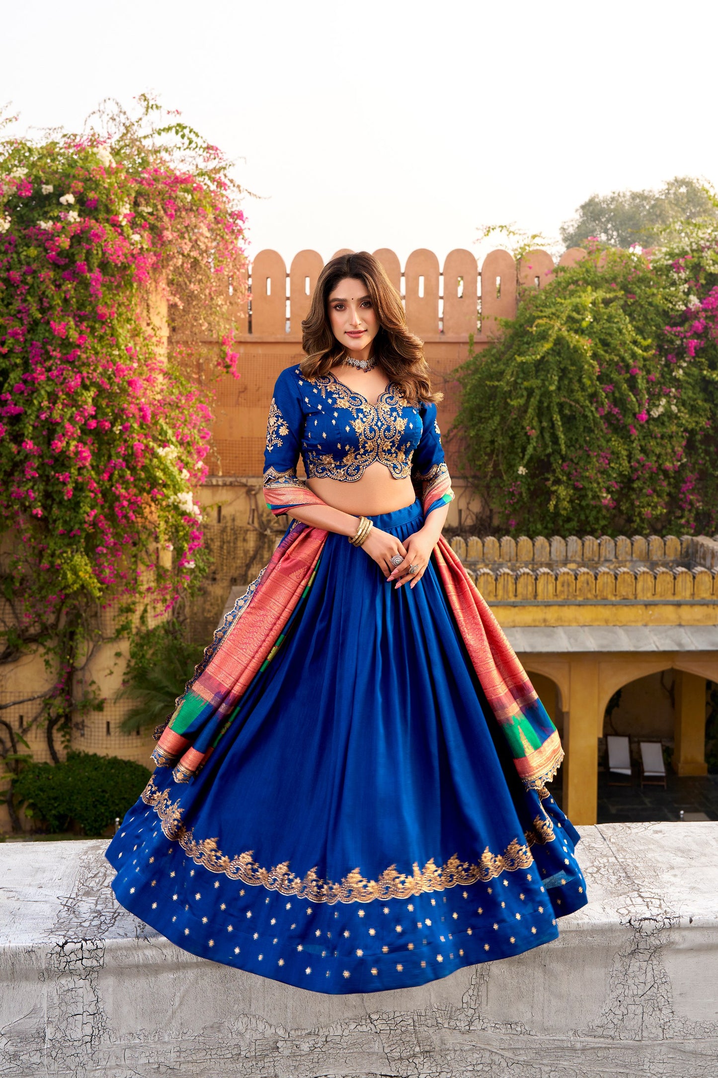 Vichitra Silk Sequins and Thread Embroidery Work Lehenga Choli