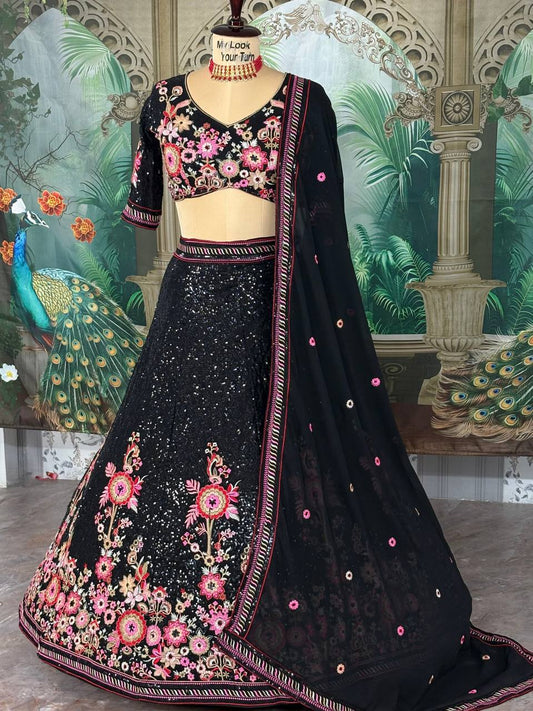 Einführung eines 4 Meter ausgestellten Coding Sequins Work Lehenga