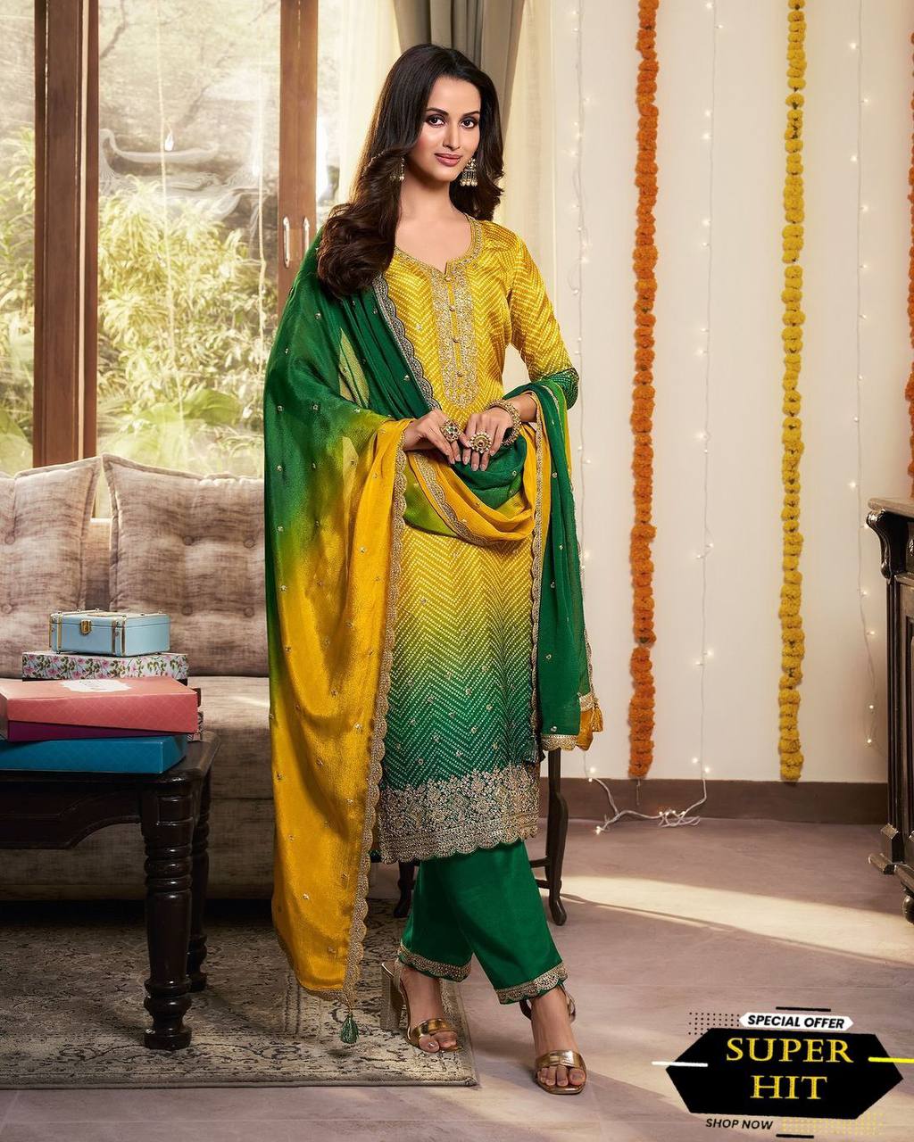 DESIGNER FANCY PURE CHINNON SILK PRINTED AND SEQUENCE EMBROIDERY WORK