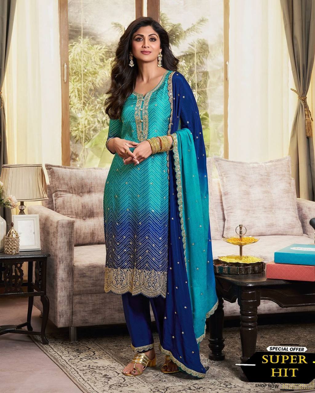 DESIGNER FANCY PURE CHINNON SILK PRINTED AND SEQUENCE EMBROIDERY WORK