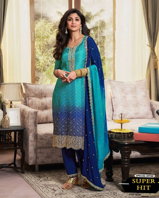 DESIGNER FANCY PURE CHINNON SILK PRINTED AND SEQUENCE EMBROIDERY WORK