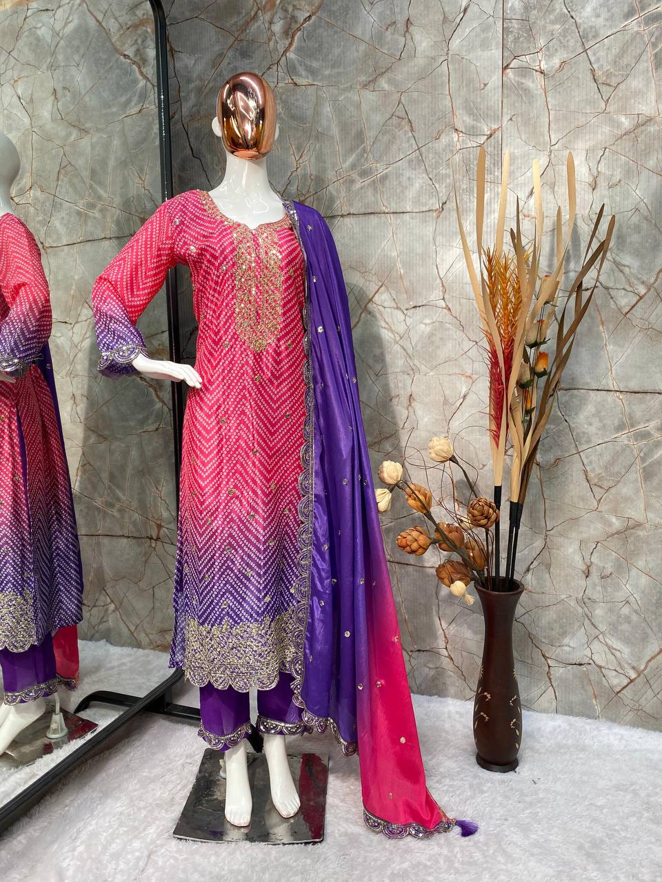 DESIGNER FANCY PURE CHINNON SILK PRINTED AND SEQUENCE EMBROIDERY WORK