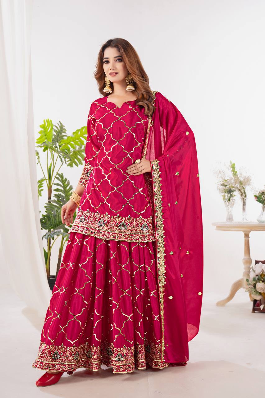 Neues Designer-Party-Look-Top Sharara Plazzo und Dupatta
