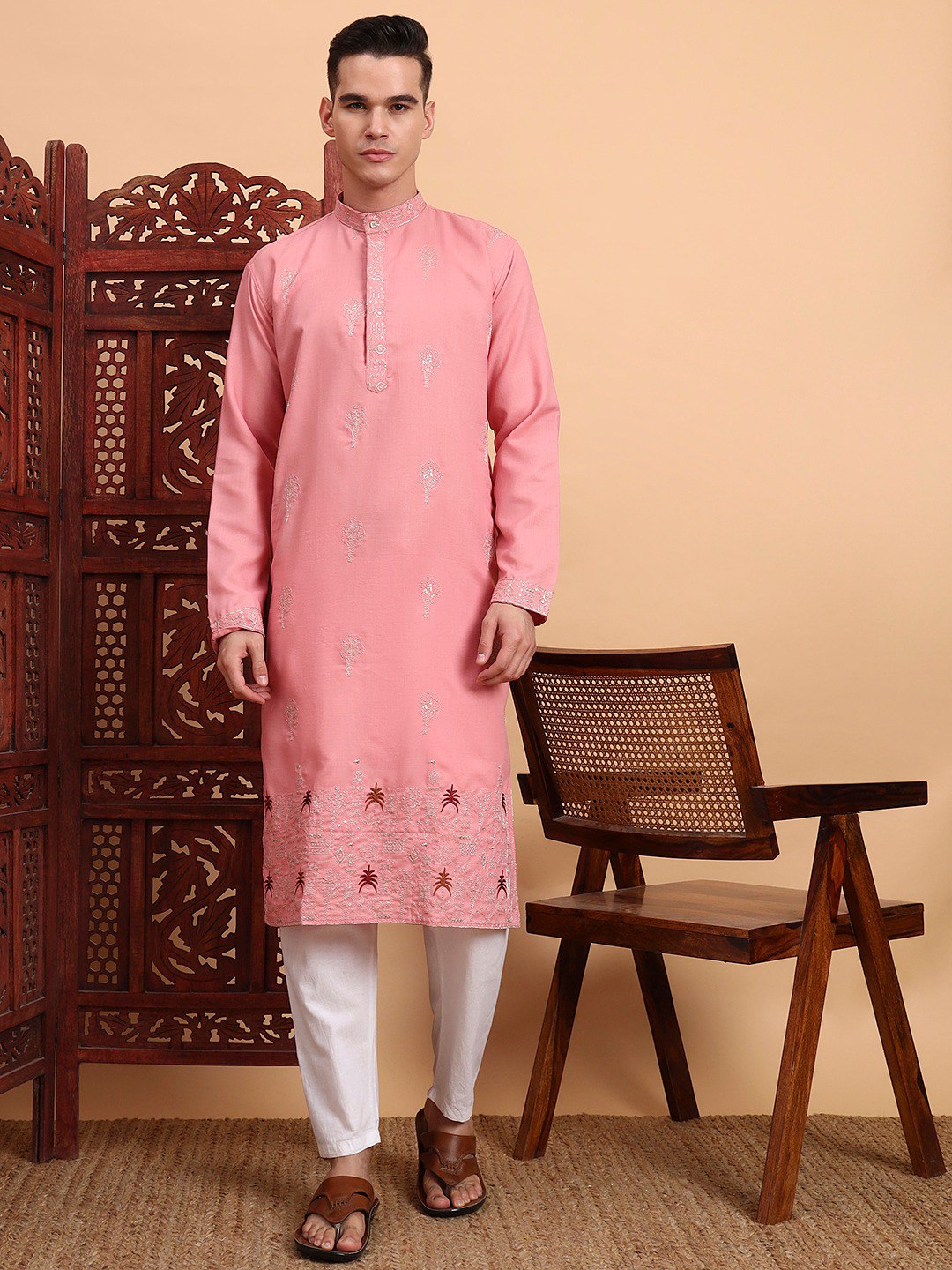 Traditional Wedding Collection Cotton Embroidery Work Men's Kurta