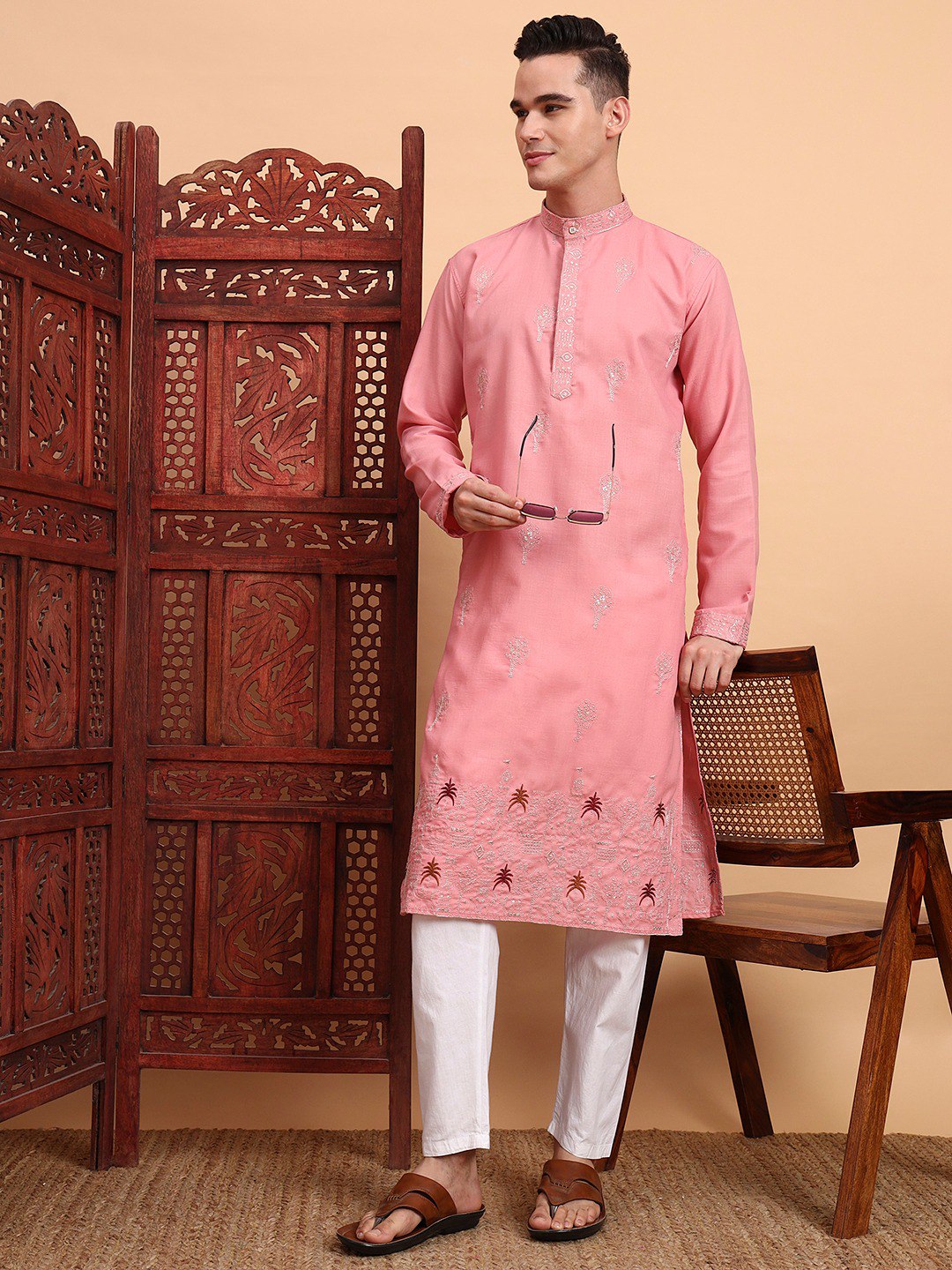 Traditional Wedding Collection Cotton Embroidery Work Men's Kurta
